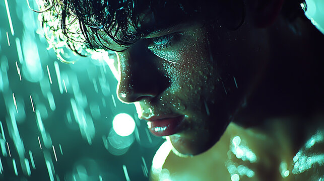 Drenched Young Man in Rain with Intense Gaze Amidst Nighttime Downpour - Glowing Water Drops Highlighting Determined Expression