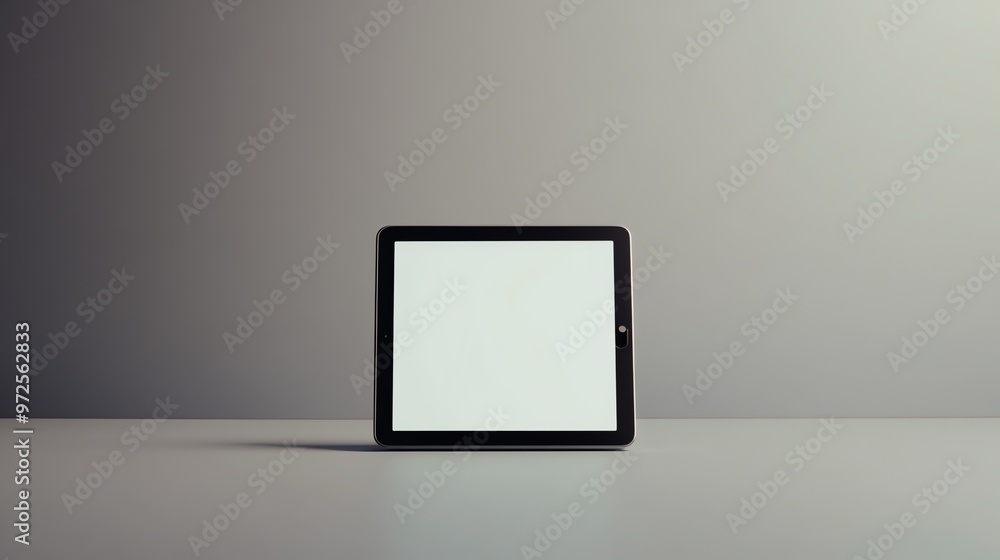 Poster a black tablet computer with a blank screen sits on a grey surface.
