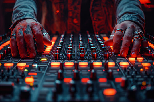 Stylish Generative AI photo, music fest dj deejay working at night club event rave stereo