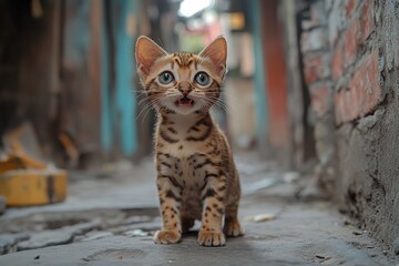 abandoned Bengal kitten on the street, little tabby cat
