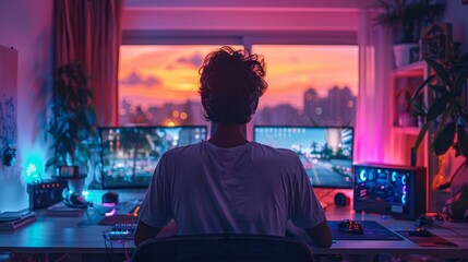 Obraz premium young man gamer in room with computers, game setup with background light of purple and blue neon light