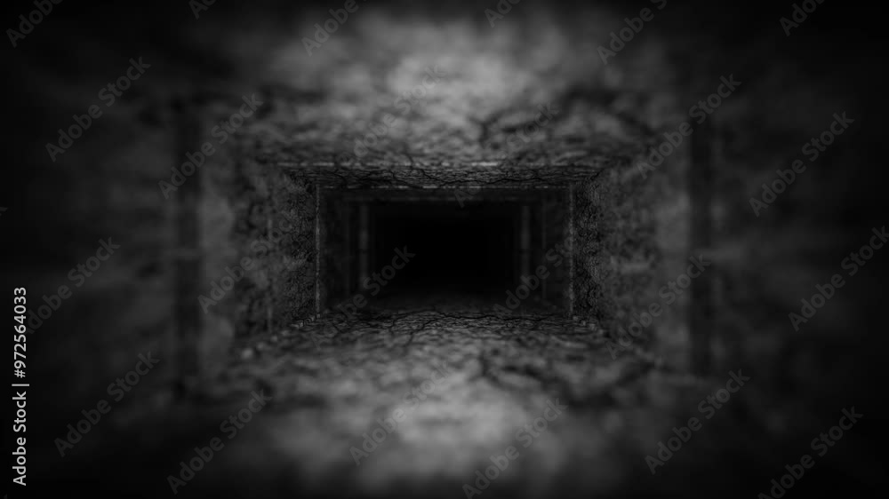 Poster camera movement through dark gloomy tunnel with texture. 3d render. looped animation