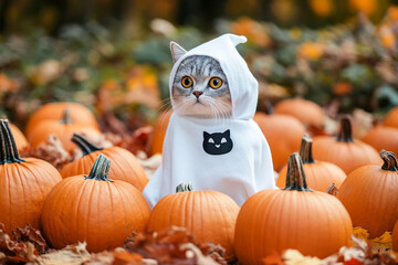 Funny people kids animals wearing halloween ghost costume celebrating, Generative AI