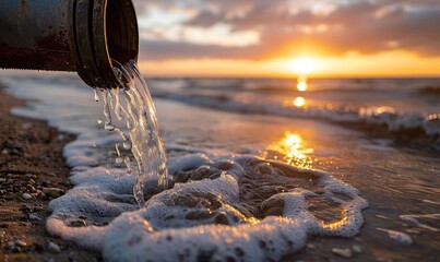 Industrial Pipe Discharging Waste Water onto Beach with Light Background