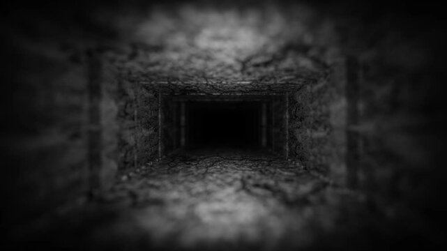 camera movement through dark gloomy tunnel with texture. 3d render. looped animation