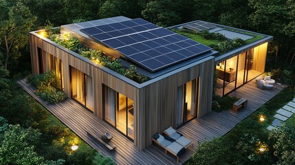Modern wooden home with solar panels on the roof and a green roof.