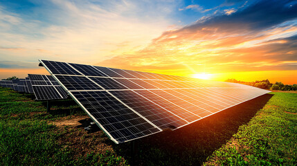 Solar panels capturing the last rays of sun at sunset, producing sustainable clean energy