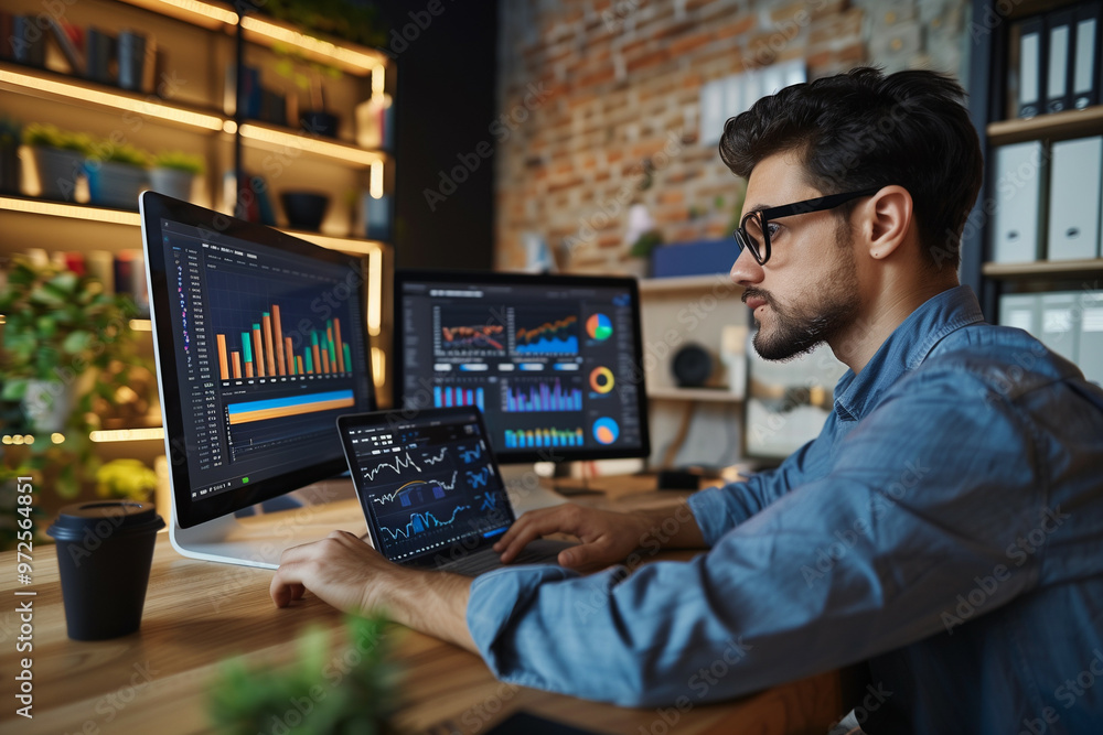 Poster focused young man analyzing financial data on multiple computer screens in a modern office with lush