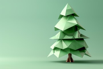 abstract origami-style Christmas tree on green background