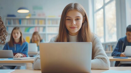 Fototapeta premium Young woman smiles as she uses a laptop in a classroom setting.