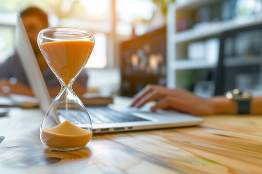 A close-up image capturing the profound essence of time management, featuring an hourglass with flowing sand prominently displayed on a desk alongside a blurred background of a busy office environment