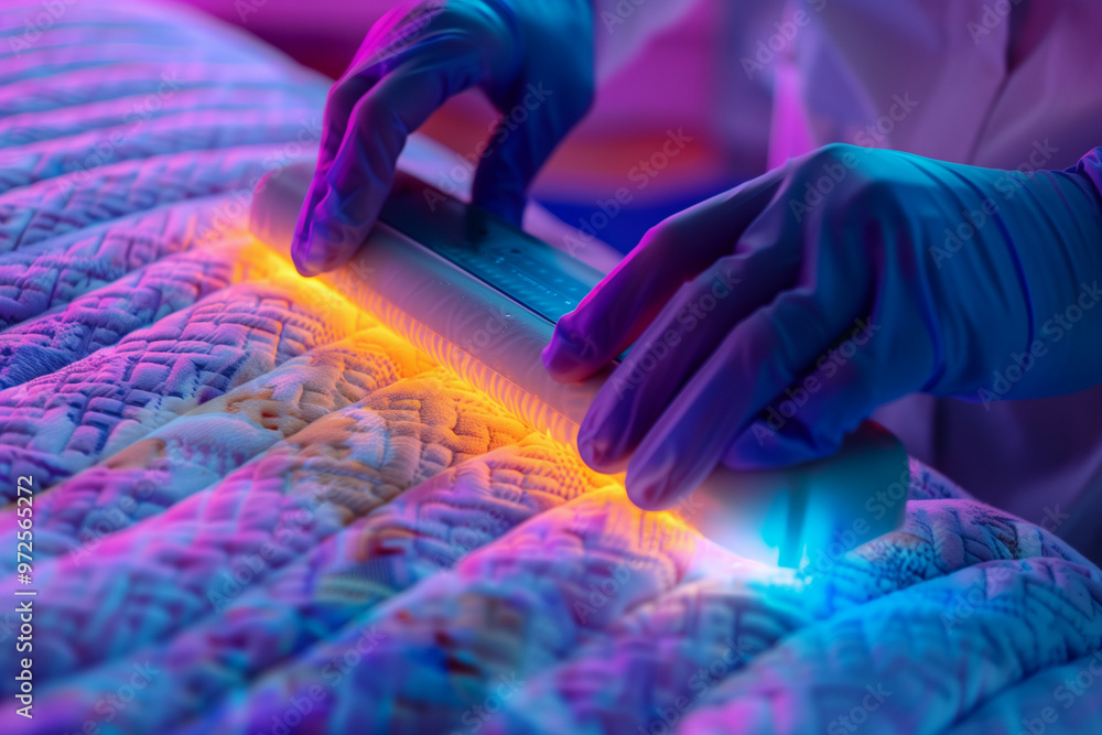 Poster close-up of gloved hands using ultraviolet light to examine the intricate patterns on fabric in a fu