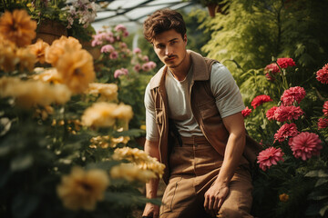 Fototapeta premium AI generated photo of happy young man standing in a blooming botany garden