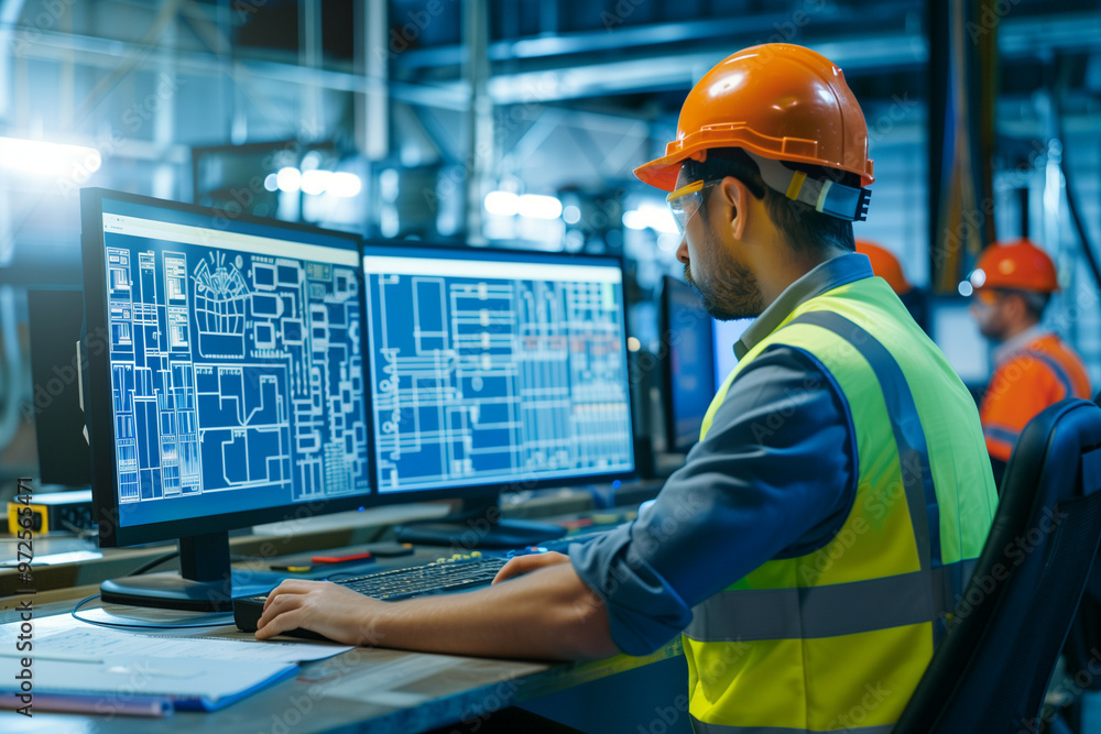 Poster male engineer in a high-visibility vest working intently at computer monitors displaying complex cad