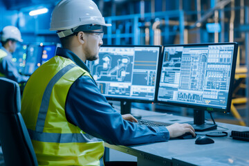 Male engineer monitoring system operations in an industrial control room with multiple computer screens displaying detailed graphical interfaces