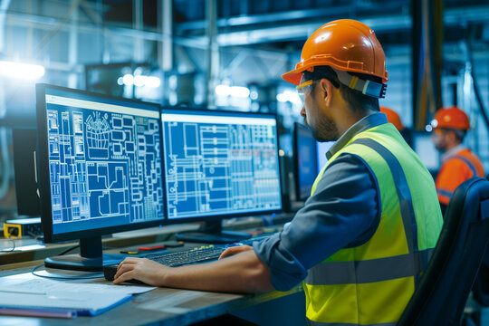 Male engineer in a high-visibility vest working intently at computer monitors displaying complex CAD designs in a bustling industrial setting with colleagues in the background