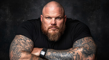 Close-up Portrait of Muscular Tattooed Man with Intense Stare and Beard on Dark Background