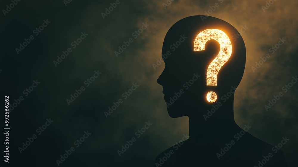 Poster Silhouette with glowing question mark on dark background representing curiosity and idea generation.