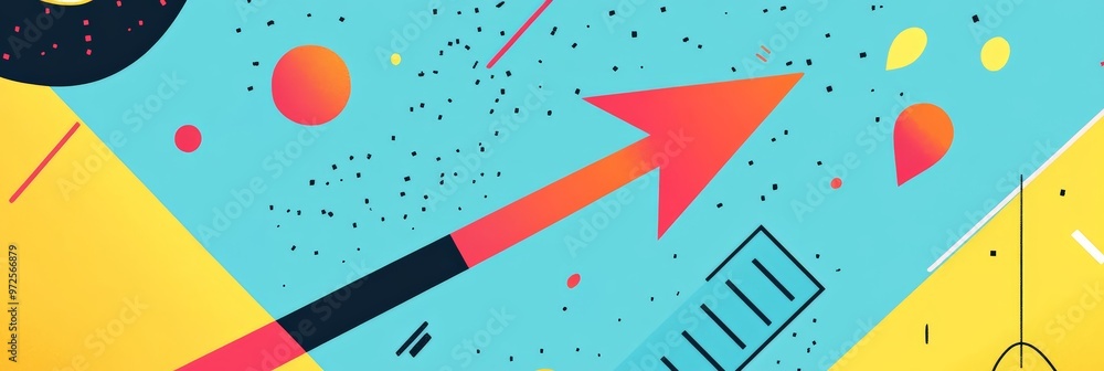 Poster Creative abstract background featuring an upward red arrow and various geometric elements. Vibrant business growth and success concept.