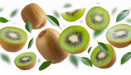 Fototapeta premium Kiwi with half slices kiwi falling or flying in the air with green leaves isolated on white background. Generative AI.