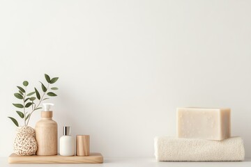 A tranquil bathroom scene featuring natural skincare products, a towel, and soft greenery on a minimalist shelf.