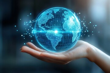 World Map Visualization. Futuristic globe hologram floating above human hand demonstrating global connection technology for business presentation, digital innovation, education, and modern worldwide