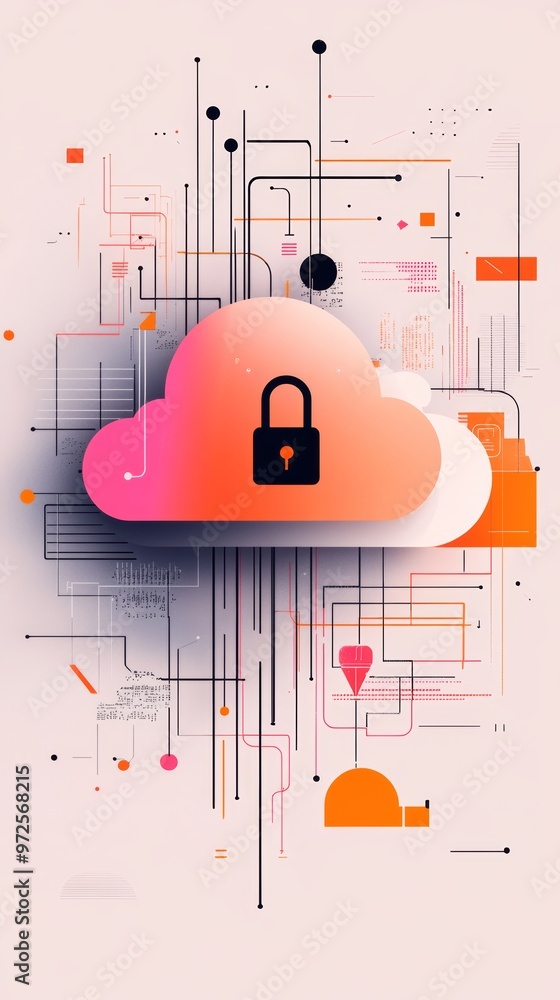 Aufkleber Abstract digital cloud icon with a lock on a geometric background. Represents secure cloud computing and data protection.