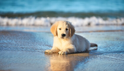 puppy golden retriever relaxing on the beach