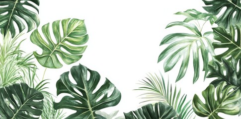 Tropical green leaves as a frame with empty space in the middle. White background. Greeting card or invitation template design.
