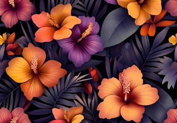 Tropical Floral Pattern with Orange and Purple Hibiscus Flowers and Dark Leaves