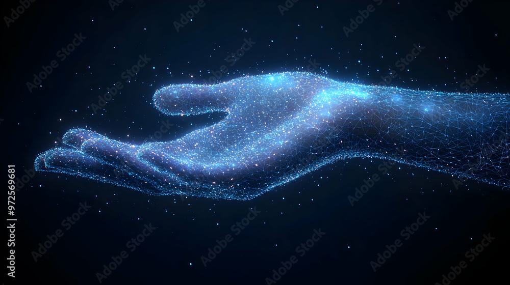 Poster abstract hand with connecting lines and particles