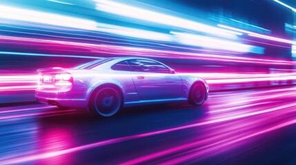 Racing through neon-lit streets, the car speeds past, leaving a trail of glowing light behind