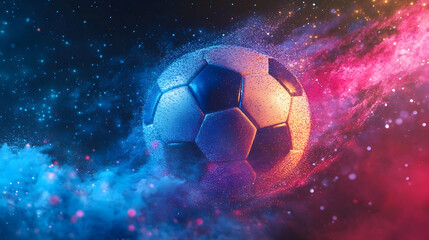 Fototapeta premium Soccer Ball in Cosmic Dust with Blue and Red Lights, Abstract Sports Background Animation