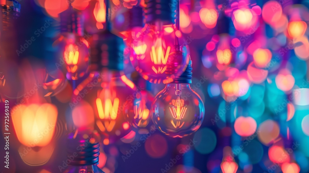 Poster a vibrant pattern of numerous bright light bulbs arranged in a dynamic design, creating a lively and