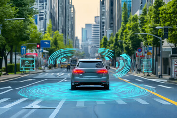 Autonomous vehicle navigating through a busy city street