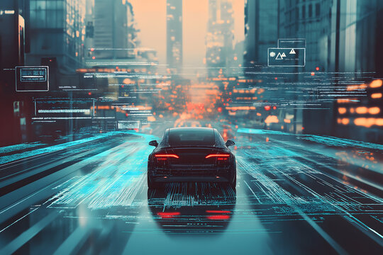 Autonomous vehicle navigating through a busy city street