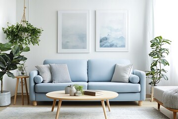 Freshly styled living room with a pastel blue sofa and artistic decor.