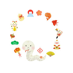 巳年の手書き風イラストのフレーム