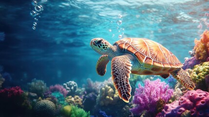 Obraz premium Turtle gliding past the multi-colored coral, revealing the surreal beauty of life in the deep ocean.