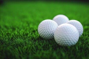 White golf balls on green grass 