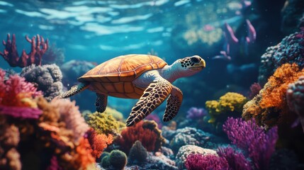 Fototapeta premium A coral wonderland comes to life with turtle swimming through radiant hues of coral, creating a captivating image of the ocean’s hidden treasures.
