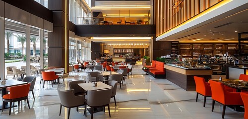 Contemporary cafe within a hotel lobby.