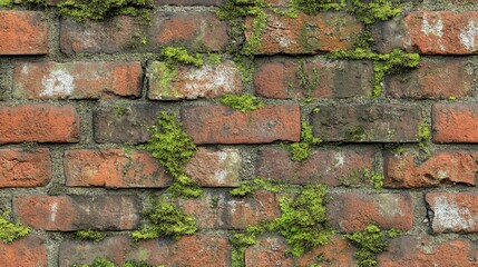 Fototapeta premium A close up of an old brick wall with green moss growing between the bricks.
