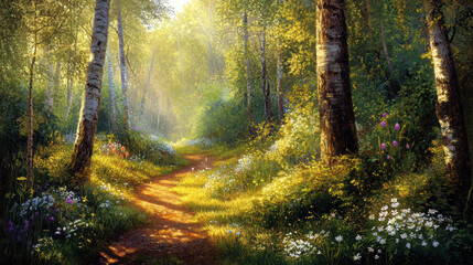 Fototapeta premium Sunlit Forest Path.