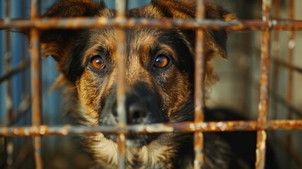 Stray homeless dog in animal shelter cage. Sad abandoned hungry dog behind old rusty grid of the cage in shelter for homeless animals