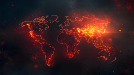 Glowing World Map with Fiery Continents Animation
