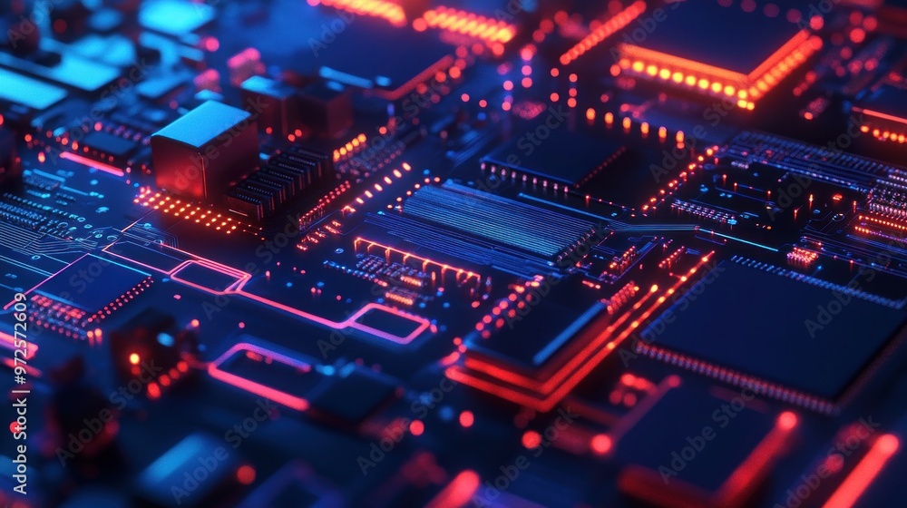 Poster abstract circuitry illuminated in vivid red and blue