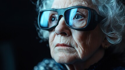 Close-up portrait of an elderly woman with short gray hair, wearing glasses and looking up with a thoughtful expression.