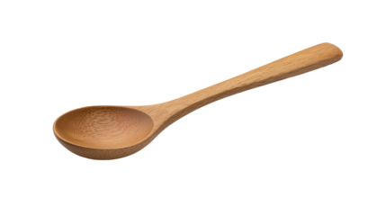 Small wooden spoon side view, highlighting its rounded bowl and long handle. Ideal for scooping or stirring, with a natural wooden finish. Isolated on transparent background, png.