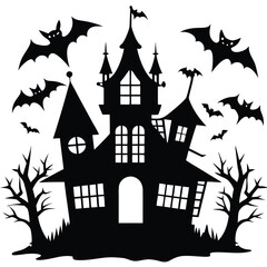 Halloween haunted house silhouette white background.